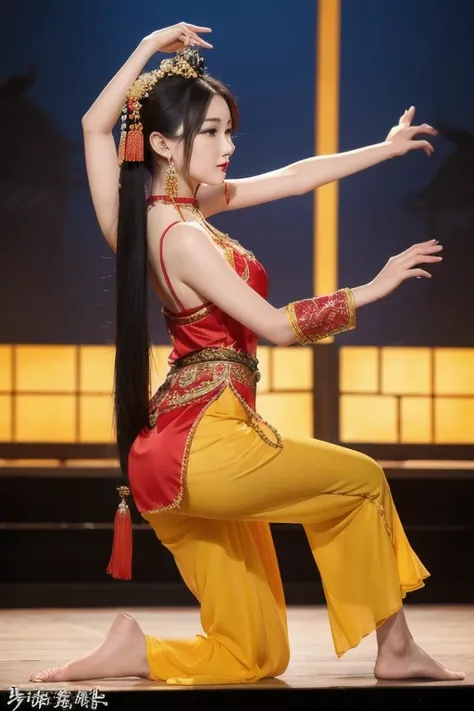 The woman is wearing an ancient dance costume, including a red full-length halter top blouse, and yellow chiffon trousers on the bottom. She is an oriental beauty with a very Chinese style. The costume is very Song Dynasty style. She has her back to the wo...