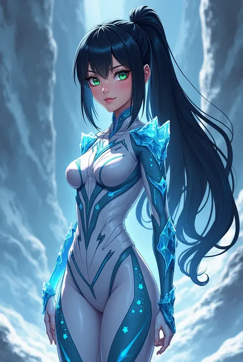 An anime mha design girl with ice hero costume not too boring and not too revealing and make the hair black and some strips in them is like icey? And eyes one green and one blue. 