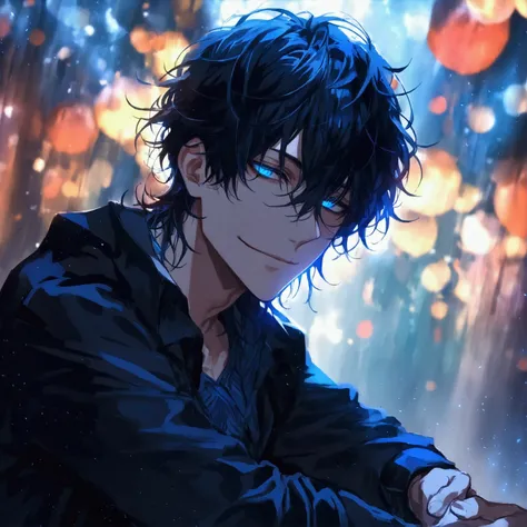 (solo), (1 male), (1 man), (chibi),handsome men, (one man with black hair with White blue inner hair color, blue eyes), long hair, messy hair,smile,((masterpiece)), (dark background: 1.3), (stylish), dynamic angle, (detailed face, detailed eyes, proportion...