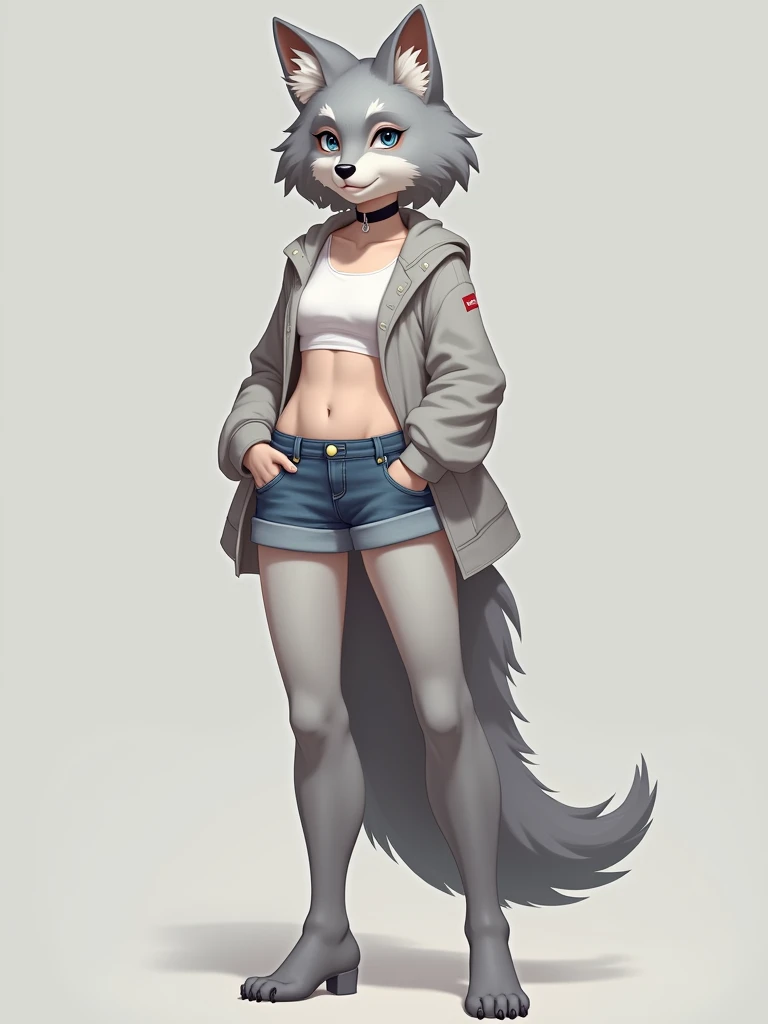 anthro furry female gray wolf dressed in jeans shorts, top and black collar