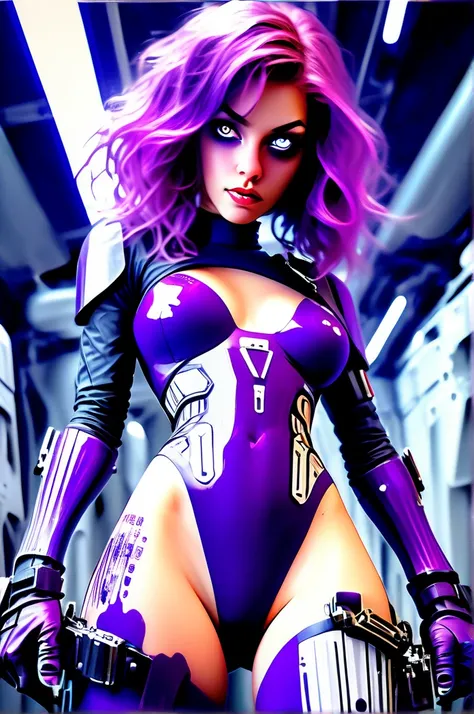 A cute woman (violet hair, violet eyes, sexy violet body suit extremely revealing, some electronic components on the suit with lit displays, laser pistol, chain sword (chain saw bladed sword makes a real bloody mess of foes)), role of space pirate captain,...