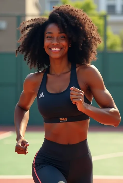  Lets generate the image of Carol , A black woman, high,  with curly hair, Very active in sports .  She can be represented with a sportswear