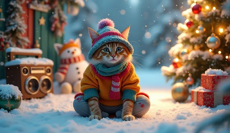 The cat Norwegian Forest Cat wears colorful gear and bucket hats from unknown manufacturers、A 、 Surreal Photos 。Theres a boom box in the corner 。 Snowflakes , s playing in the snow ,  snowy ground , Warm, shining light, Cozy and festive atmosphere, Joyful ...