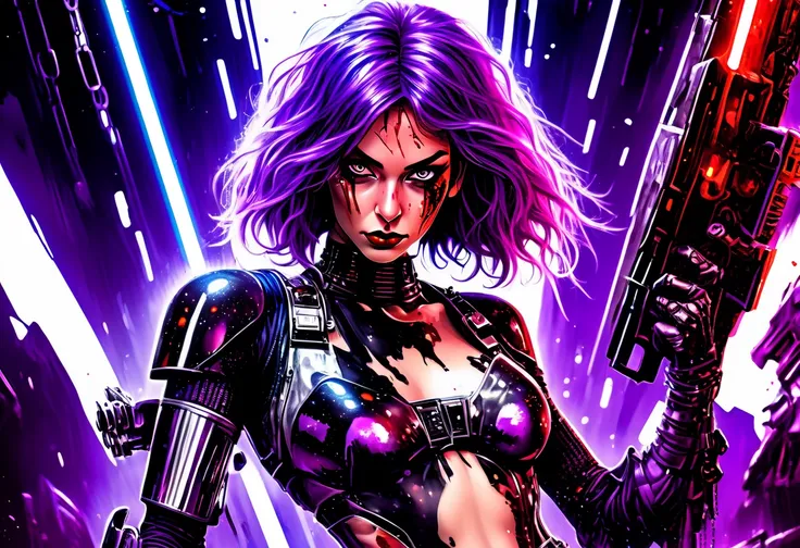 A cute woman (violet hair, violet eyes, sexy violet body suit extremely revealing, some electronic components on the suit with lit displays, laser pistol, chain sword (chain saw bladed sword makes a real bloody mess of foes)), role of space pirate captain,...