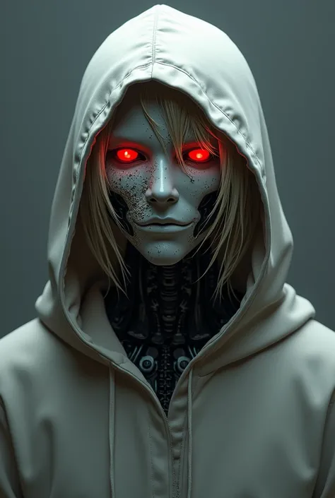 A robot wearing a hoodie with a hood wearing an anonymous mask Destroyed, closed mouth ,  red eyes ,  blond hair ,  white hair ,  High-resolution ,  In detail, hood, 