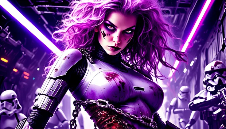 A cute woman (violet hair, violet eyes, sexy violet body suit extremely revealing, some electronic components on the suit with lit displays, laser pistol, chain sword (chain saw bladed sword makes a real bloody mess of foes)), role of space pirate captain,...