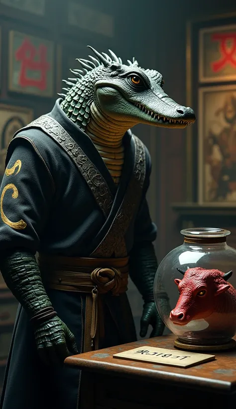 Cinematic portrait from side view, Crocodile Ninja wearing a scary and dashing ninja outfit looking at his collection, namely a large round glass jar containing the preserved head of a Red Cow, on the table in Ninja Crocodiles private room, a collection of...