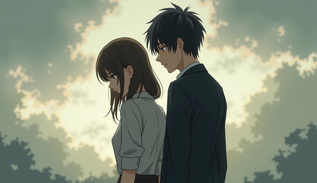  a beautiful couple ,  dress politely  , back to each other  , The woman is very sad. ,  the man looks cold ,  anime style 