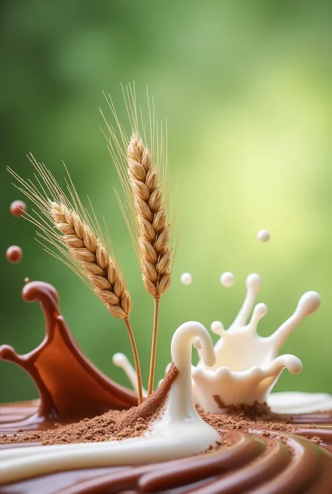  Create a photo with a green background mixed with cocoa milk and white milk with a couple of barley ( horizontal a4 paper photo size )