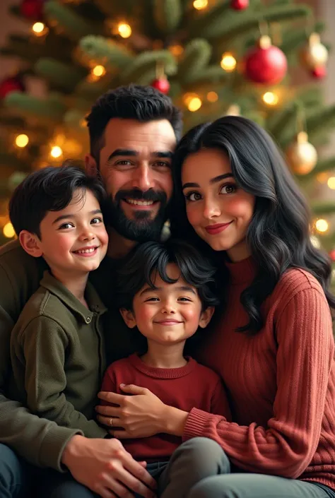 family, Bearded dad , mom with wavy hair ,  boy  wavy hair ,  18 year old straight haired teenage girl, All with black hair, In front of the Christmas tree  


