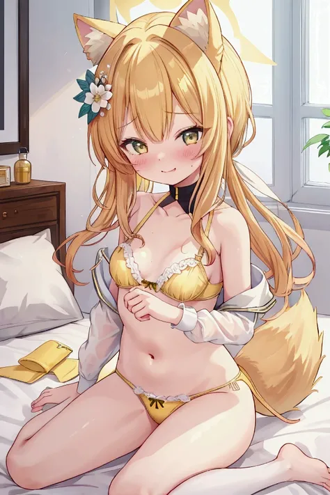  girl、Blonde、Animal Ears、Beast&#39;s Tail、 shy laugh 、 in underwear、yellow bra、yellow panties、 on the bed、 wariza