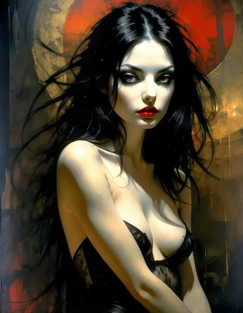 girl with long black hair, small breasts, in lingerie, erotic posing, night room, open legs, large centanal with views of Brussels, black and white image (inspirational art by Bill Sienkiewicz and Dave McKean, oil painting, brush stroke details that enhanc...