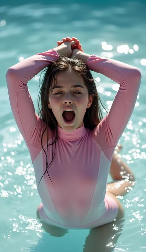 screaming,  with her eyes wide open , Girl ,  watch,  with long wet flowing hair from waist to waist , Demonstrates grace in a pink monochrome gymnastic swimsuit.  Her long-sleeved swimsuit , high collar.  the row is drenched in thick jets and stains of wh...