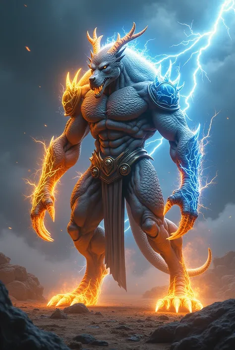 create 32k ultra-realistic image of a dangerous fighting hybrid fusion: A massive, muscular alien form with a terrifying and otherworldly presence. This hybrid combines the loyalty of a dog, the mystical essence of a howling lightning dragon, and the thund...