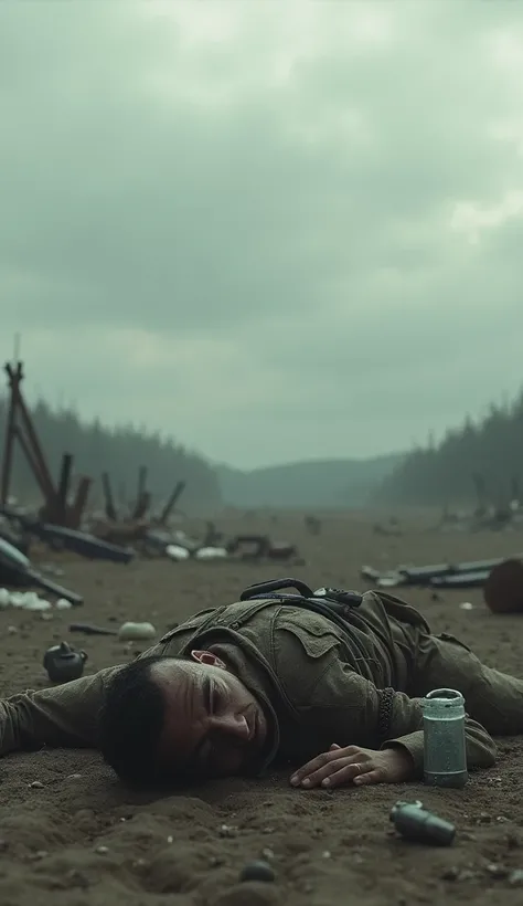 A vast, desolate battlefield under a cloudy sky.
A lone soldier lies injured on the ground, wearing a torn uniform, with a dusty and tired face.
His water bottle is empty, lying beside him.
The surroundings are barren, with broken weapons and scattered deb...