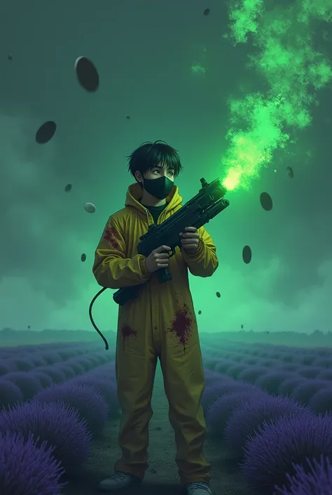 A male teenager he is wearing a hazmat suite that is covered in blood and a mask from the Second Gas War: black latex gloves. He carries in his right hand a gun that is connected to a tube and that tube in his left hand he is releasing the mysterious and s...