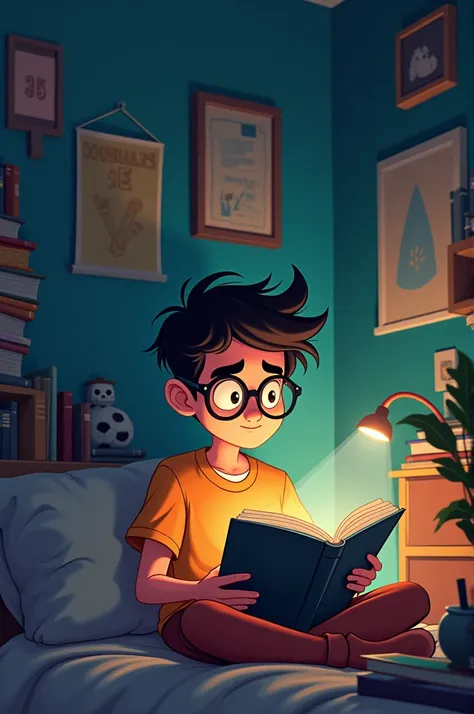 Young nerd man reading a book in his room without Liz alone with a flashlight, ANIMATED CHARACTER