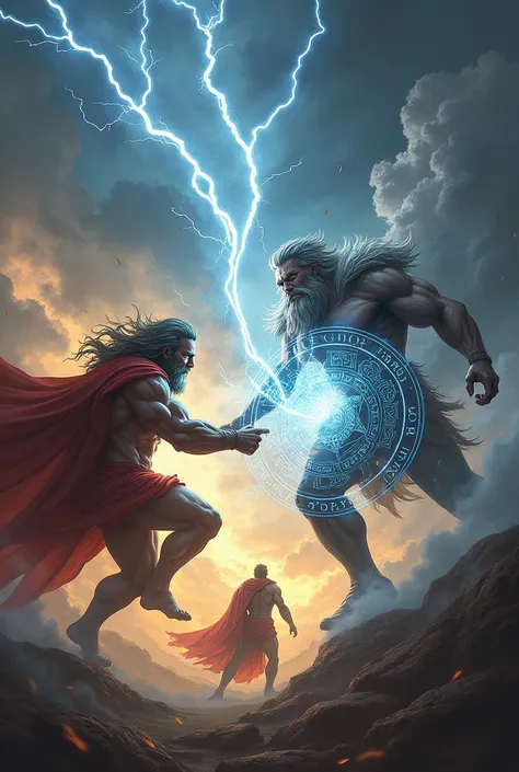 Zeus shooting powerful lightning toward Odin ,  while Odin conjures brilliant magic runes that form a protective barrier around him.