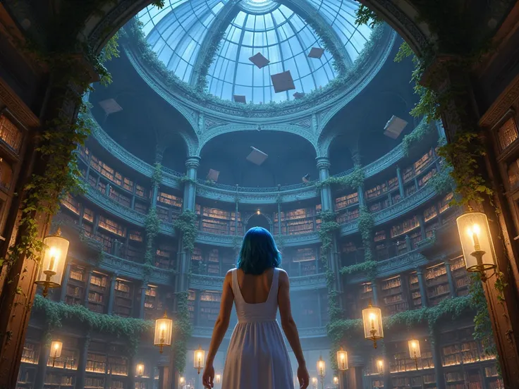 Scene:
  - A massive and majestic magical library
  - Towering spiral bookshelves with enchanted floating books gliding through the air
  - Vines and plants entwined with the shelves, walls, and ceiling, softly glowing with magical light
  - The ceiling is...