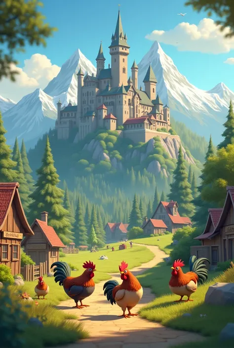 Animated by an outdated farm with chickens in the foreground .  In the background a village with forest and mountains accompanied by a castle 