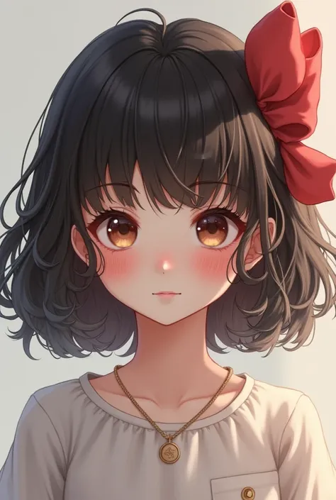 (photorealism:1.2), beautiful girl, . Looking innocent and pure. She has short, curly shoulder-length hair and a large bow in the back of her hair. Both cheeks are covered with hair.