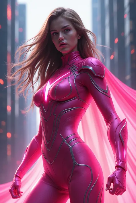 Make me a superhero girl in a pink costume 