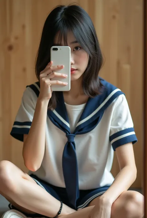 Realistic self-portrait of a female student sitting cross-legged (or in a relaxed seated position), wearing a short sailor uniform. The image captures only one visible eye, with the other partially obscured by a smartphone held in front of a mirror. The po...