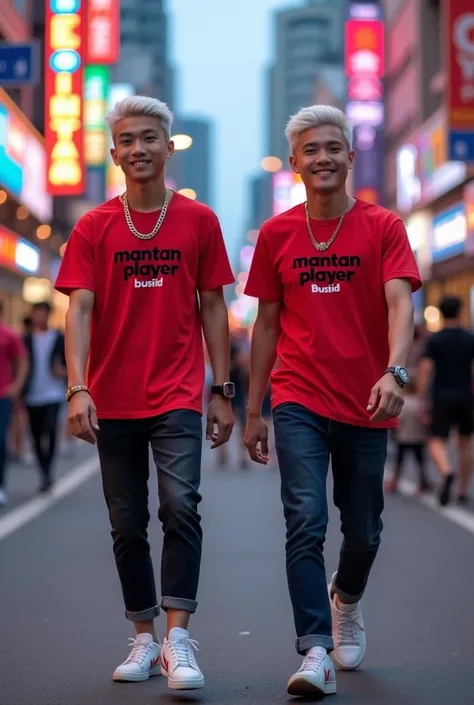 2 handsome 27 year old Asian men, short and neat white hair, they are wearing couple red t-shirts with the words "MANTAN PLAYER BUSSID", wearing watches and necklaces, wearing white snack shoes, walking on the sidewalk of the main road, in the background u...