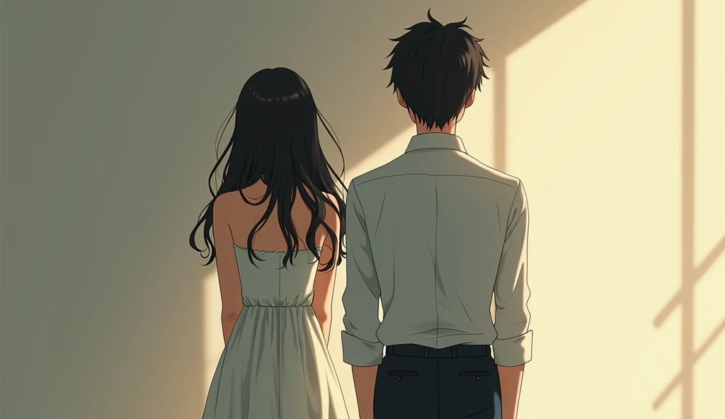  a beautiful couple ,  dress politely  , back to each other  , the woman is crying  ,  the man looks cold ,  anime style 