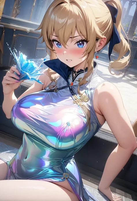 8k, masterpiece, best quality, ultra detailed, Ultra-high resolution, Highly detailed CG, break, 1girl, jean(genshin impact), kawaii, nsfw, big breasts, slender, (Iridescent Fluorescent Cheongsam:1.2), full body, indoors, sitting on sofa
