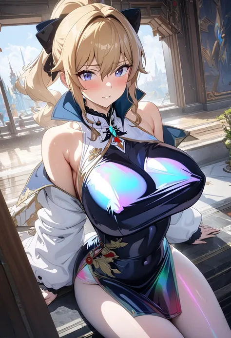 8k, masterpiece, best quality, ultra detailed, Ultra-high resolution, Highly detailed CG, break, 1girl, jean(genshin impact), kawaii, nsfw, big breasts, slender, (Iridescent Fluorescent Cheongsam:1.2), full body, indoors, sitting on sofa
