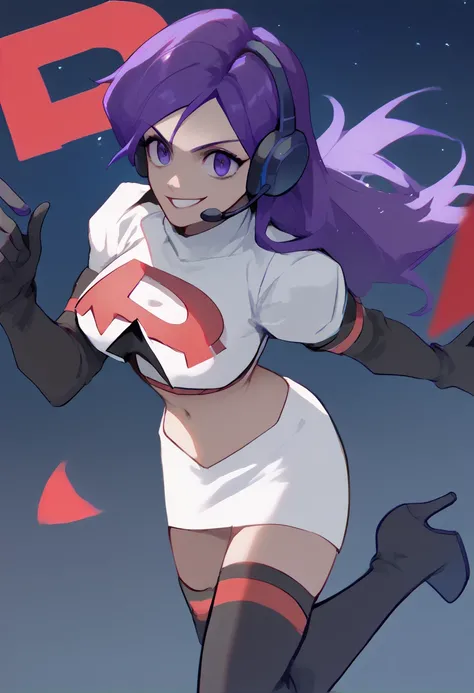 Team rocket, team rocket uniform, red letter R, white skirt,white crop top,black thigh-high boots, black elbow gloves, evil smile, night sky background, headset, large breasts, high-heeled boots, Shez, purple hair