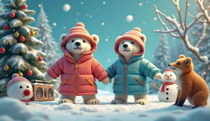 Polar bears wear colorful gear and bucket hats from unknown manufacturers、A 、 Surreal Photos 。Theres a boom box in the corner 。 Snowflakes , s playing in the snow ,  snowy ground , Warm, shining light, Cozy and festive atmosphere, Joyful laughter and smile...