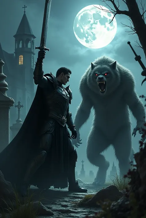 ultra-realistic image of a vampire in black armor and with a broadsword attacking a large and ferocious werewolf, Its night, full moon, in a cemetery with an old church in the background the vampire doesnt wear a cape