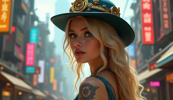 Pretty blonde steampunk woman in the steampunk city,  tattoo on arms , modern, With a steampunk hat Cidade Rica