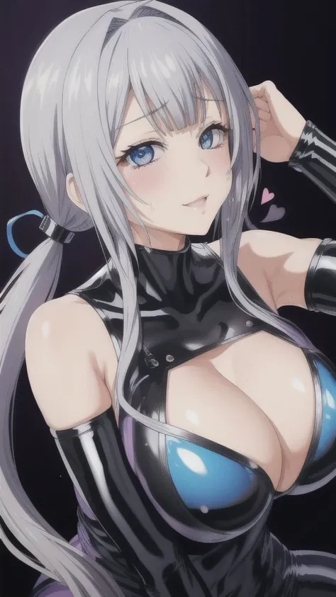   erotic 、Mylene、 Silver Hair Long Twin Tails、Light blue eyes、Big Breasts, Alone、black latex rubber suit　 sleeveless、 cleavage, Purple Wicked Background 、  top quality,  detailed face ,  detailed eyes on board,  high definition ,Smirking face、Looking up、 d...