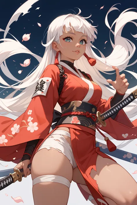 anime woman, white long hair, cute, samurai outfit, holding up a ultra long katana, round anime eyes, anime concept, ronin  torned apart cropped outfit, dark anime concept, ripped clothes, thick legs