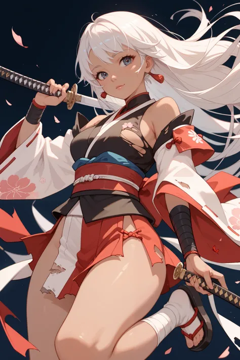 anime woman, white long hair, cute, samurai outfit, holding up a ultra long katana, round anime eyes, anime concept, ronin  torned apart cropped outfit, dark anime concept, ripped clothes, thick legs