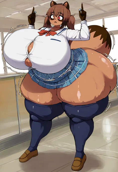 Anime style Michiru kagemori Furry women, full tanuki body, (gigantic grow grow bigger and bigger and bigger and bigger breasts)very long gigantic legs, (very wide gigantic hips gigantic ass) (very long medium legs, flying button school uniform, in the sch...