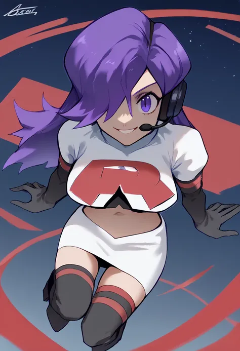 Team rocket, team rocket uniform, red letter R, white skirt,white crop top,black thigh-high boots, black elbow gloves, evil smile, night sky background, headset, large breasts, high-heeled boots, Shez, purple hair, hair over one eye