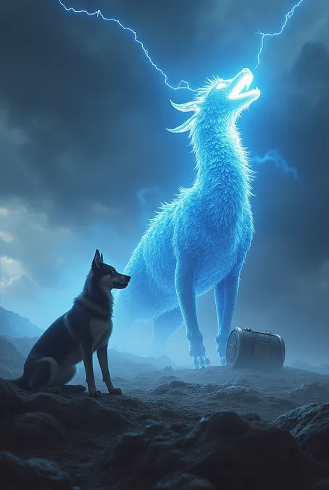 create 32k ultra-realistic image of a scene with a dog, a howling lightning dragon, and Mjölnir as distinct entities. The dog stands alert and proud, its fur faintly glowing under the stormy light. Nearby, the howling lightning dragon roars with electrifyi...