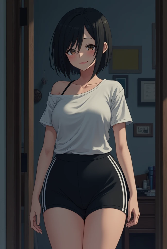 Anime tall woman looking sleepy, eyes half closed, smiling a little, short face, black hair, wearing a white T-shirt with open shoulders on one shoulder, black stretch shorts with white stripes, big breasts, standing in front of the door, shot from a high ...