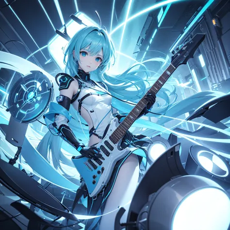  tons of futuristic instruments 　 women who play them 　Futuristic atmosphere　Futuristic atmosphere光を強調　 Overall light blue image 　 neon color　multiple instruments 　 futuristic and revolutionary instruments 　 anime style