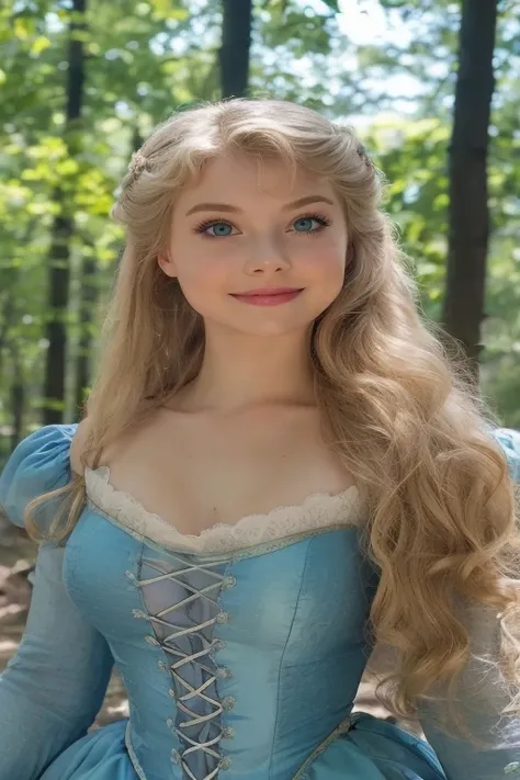 sexy smiling cheerful Princess Aurora from Disneys Sleeping Beauty with very long down loose blonde hair down to her hips and blue eyes wearing strapless blue in the forest on a hot sunny summer day large breasts huge muscles huge breasts 