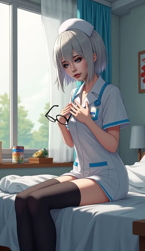  Ultra realistic style ，The nurse knocked on Jiros leg and sat on the right side of the bed，Woman dressed as a nurse，Hands on chest，Holding glasses with one hand ，Short shorts， black stockings ，Nurse hat， silver white hair ， wearing black glasses，There are...