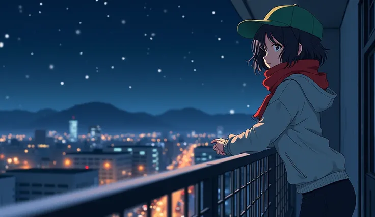 A beautiful Japanese girl in a gray hoodie, loose black pants, red muffler, a green baseball cap and short wavy hair is leaning on the balcony railing and looking from above. There are cars and motorbikes below the balcony. Top and front view at night, whi...