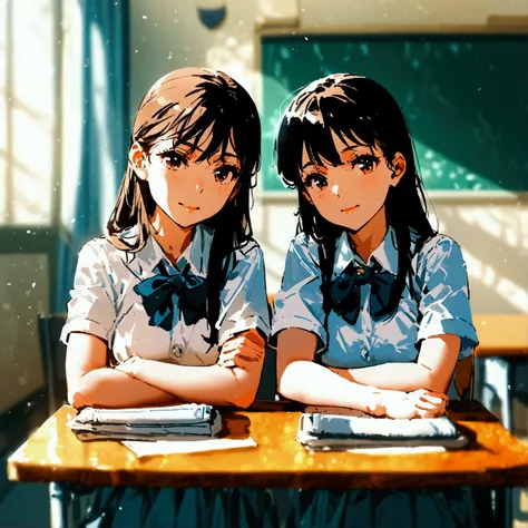 Leans against the table in her school uniform  