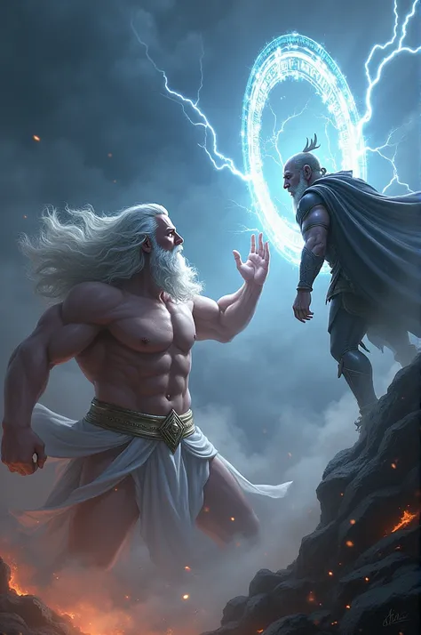 Zeus shooting powerful lightning toward Odin ,  while Odin conjures brilliant magic runes that form a protective barrier around him.