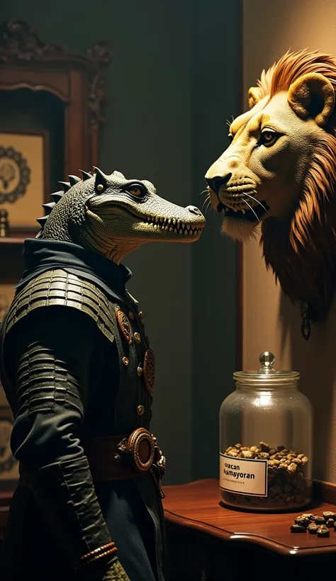 Cinematic portrait from side view, Crocodile Ninja wearing scary and dashing ninja clothes looking at his collection, namely a wall decoration in the form of a preserved head of a Lion. In Ninja Crocodiles living room, a collection of hunting results has a...