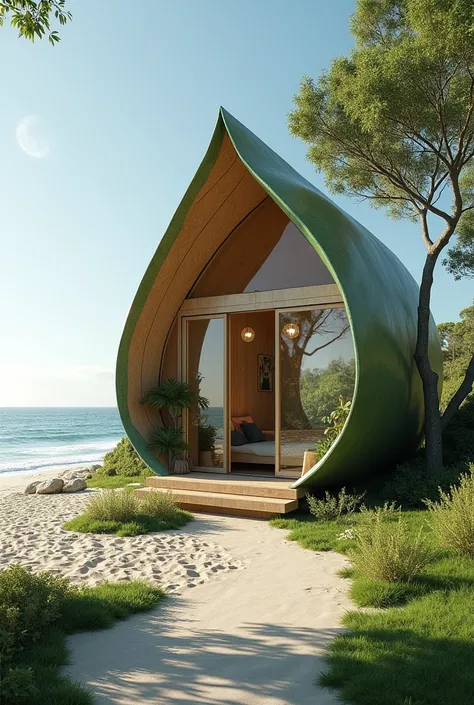 Small building for 2 person , use vein leaf design concept, placed at beach, function for making people more closely with nature, can gaze star at night